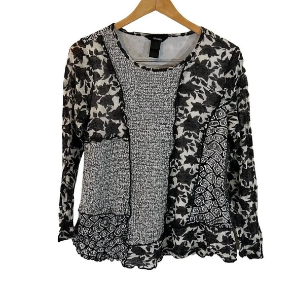 Ali Miles Textured Patchwork Blouse Medium Knit Black White Floral Long Sleeves - Picture 1 of 11